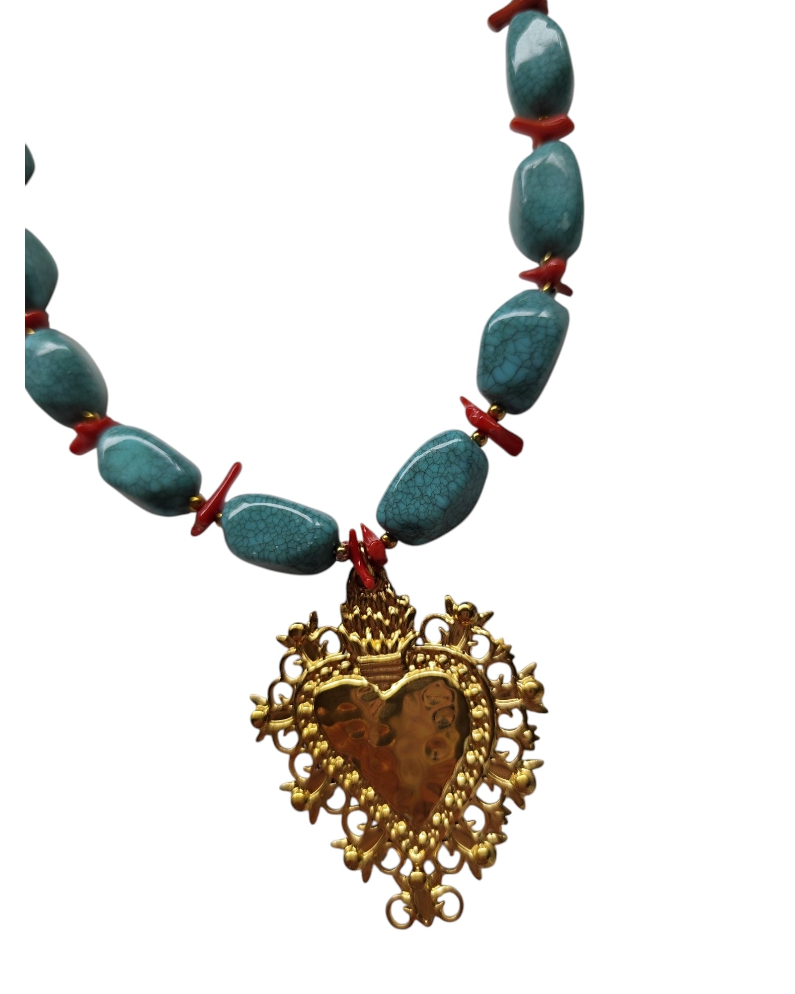 Colar Coração Dourado Turquesa