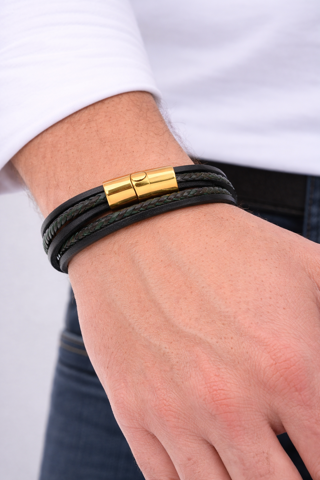 Pulseira Masculina Green & Black Leather